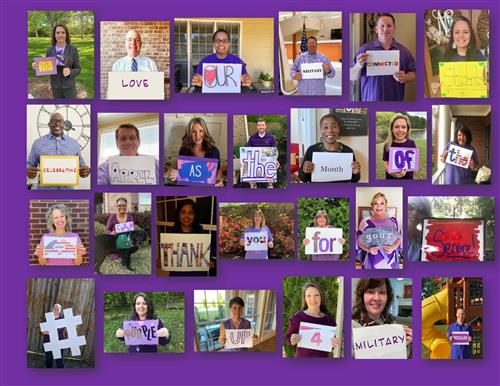 Montage of 24 teachers holding words up to spell a thank you to our military families 